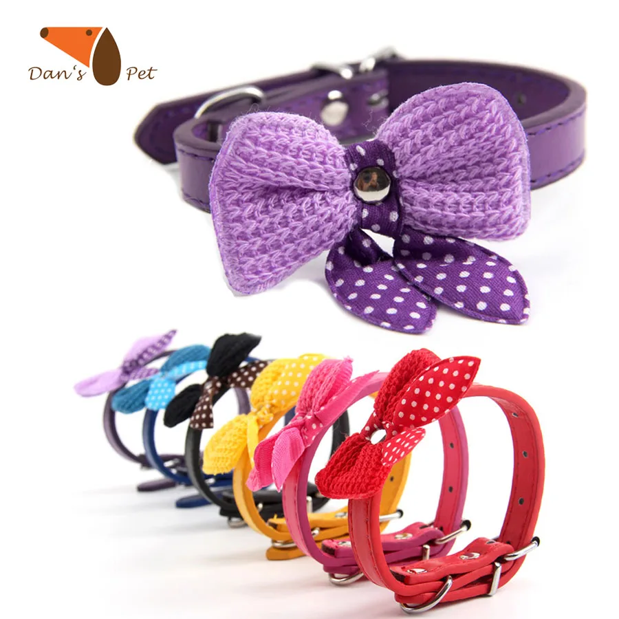 Cheap Cute Bow Tie Rolled Leather Pet Pretty Cat Small Dog Collars