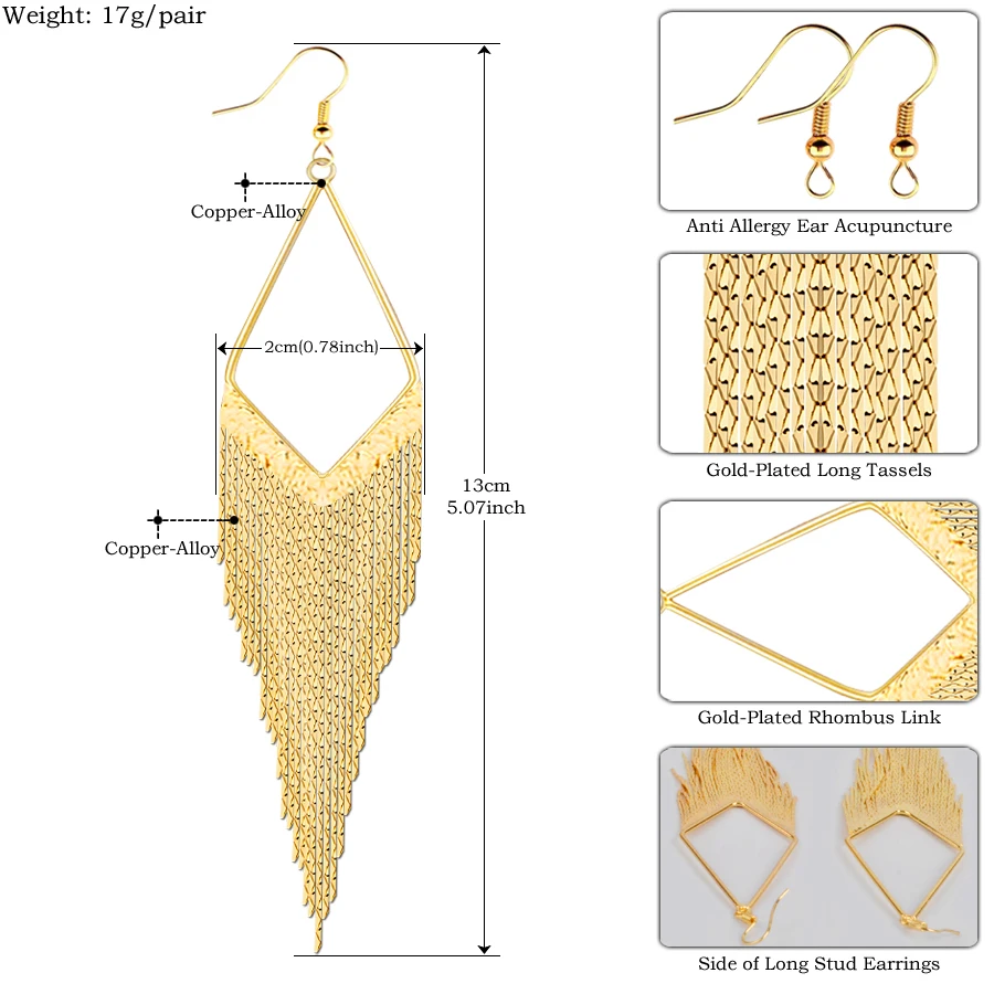 SHEEGIOR, длинные серьги с кисточками для женщин, аксессуары, бохо, этническая медь, золото, большой ромб, висячие серьги, модные ювелирные изделия, бижутерия