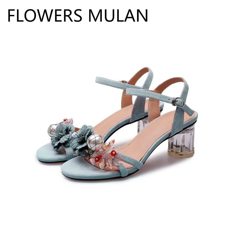 

Fashion Flowers Colorful Crystal Pearl One Buckle Women Sandals Peep Toe Front Rear Strap Summer Ladies Shoes Clear Heels Brand