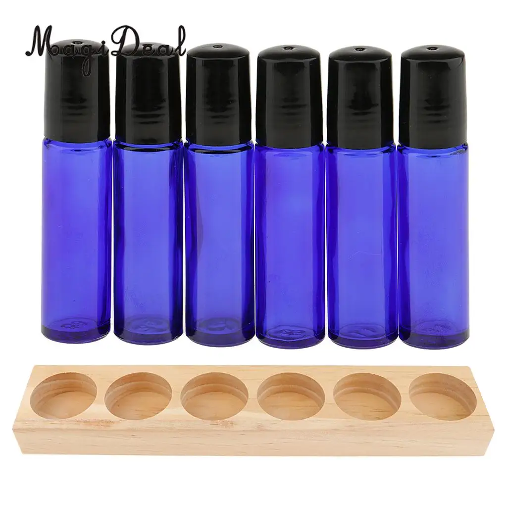 Natural Wood Essential Oils Box Display Case Holder Stand Organizer with 6pcs Roll On Refillable Empty Glass Bottles