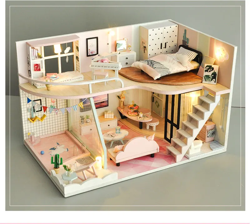 DIY Кукольный дом мебель светильник розовый подобрать миниатюрный кукольный домик игрушки для детей милый семейный дом Casinha De Кукольный дом