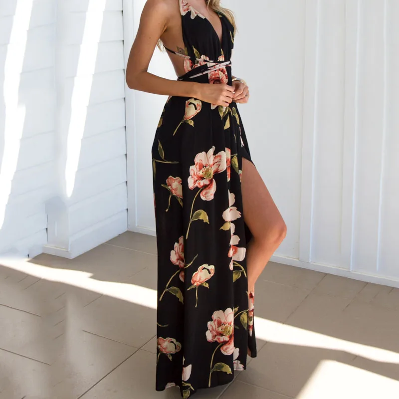 

YELITE 2019 Women Dress Floral Print Halter Beach Dresses Sundress Deep V-neck Sexy Party Backless Summer Boho Maxi Long Dress