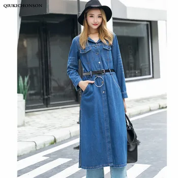 

High Slit Long Denim Trench Coat Women Spring Autumn Casual Long Sleeve Single Breasted Jeans Tunics Waterfall Coat Outerwear