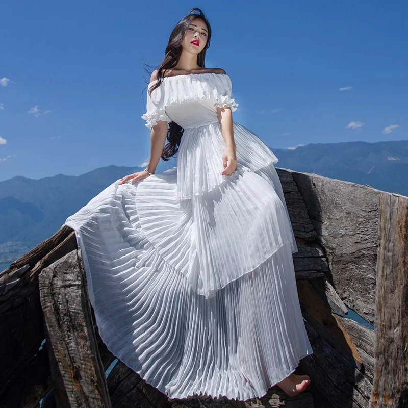 

2019 New Fashion Spring Summer Women's Off Shoulder Pleated Chiffon Dress Slim Waist Sexy Split Bohemia Long Cake Dresses