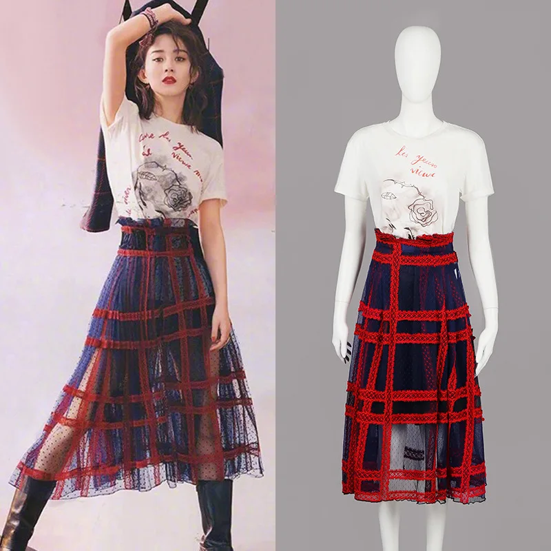 

New white letters printing T-shirt + red plaid a word of tall waist show thin half-length suits female F0755