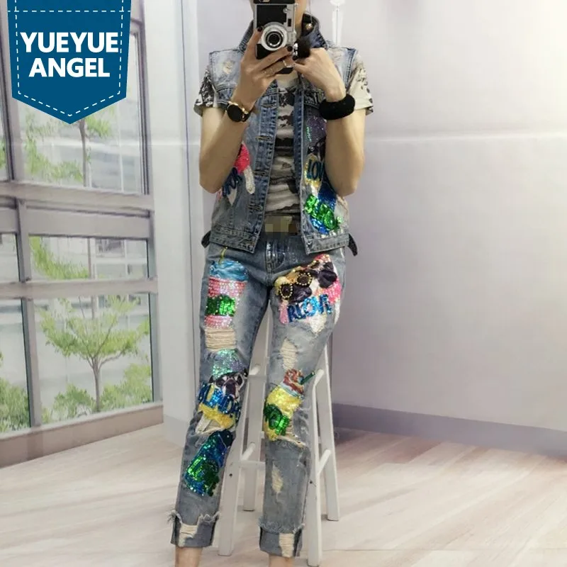 

2019 European New Fashion Women Sequined Button Embroidery Beading Hole Ripped Sets Female Sleeveless Punk Style Zipper Pants