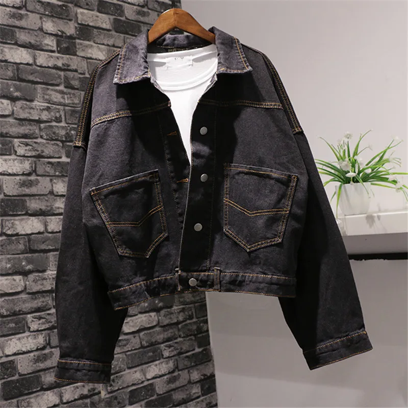 

Women Denim Jacket Spring Autumn Short Big size Loose Vintage Outerwear Fashion Black Single-Breasted Coat Women Jeans Jackets