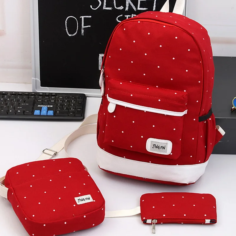 

Unisex Canvas School Three-piece Bag Set Wave Point Three-piece Student Shoulder Bag Travel Backpack