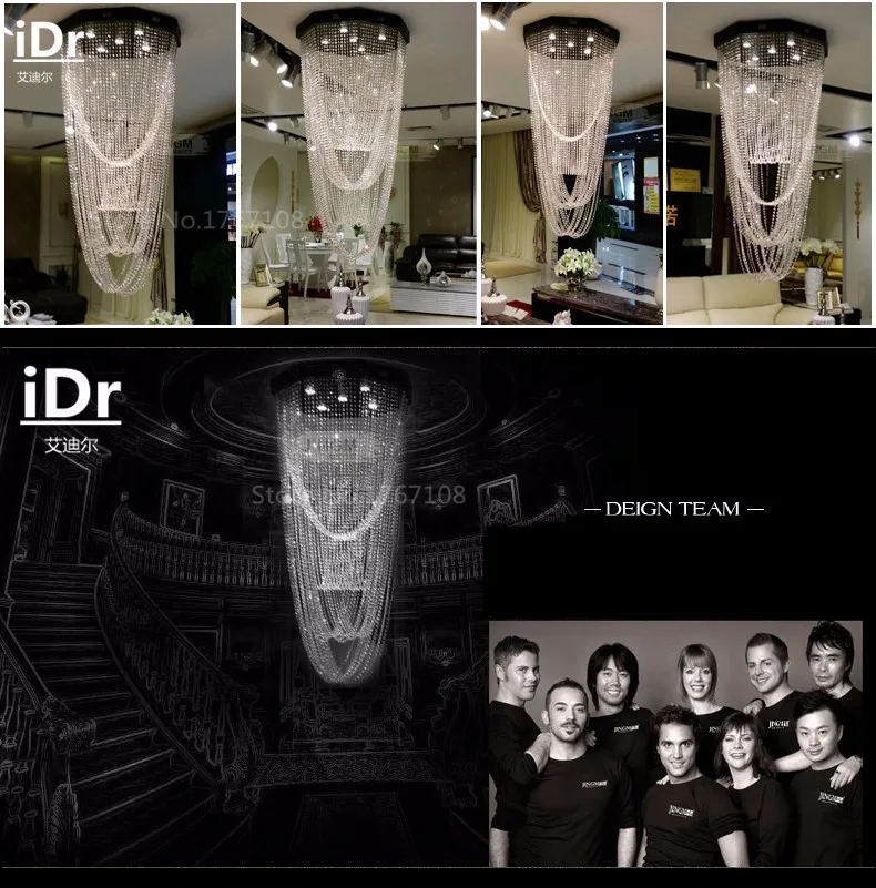 Длинные пентхаусы напольные лестничные огни вилла Светодиодные хрустальные лампы пол гостиной люстра гостиницы iDr-0032