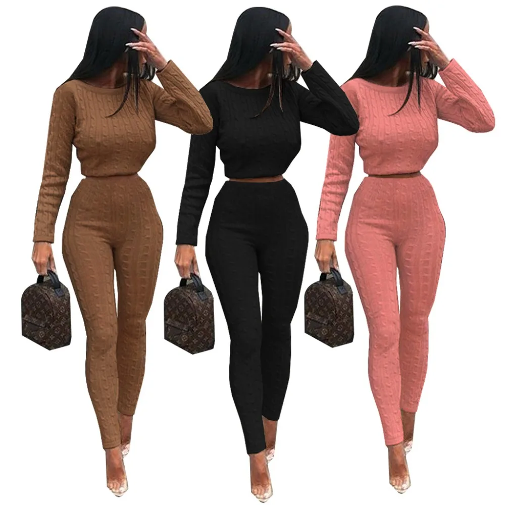 

2019 Spring Women Knitted Suit tracksuit o-Neck Pullover Sweater Set Trousers Knitwear sports suit sexy two piece set
