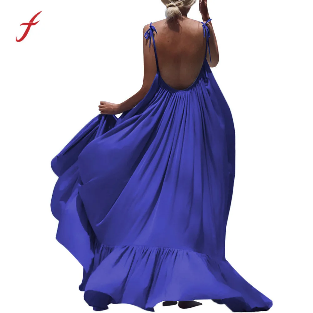 

Feitong Bohemian Dress Women Boho Style Solid Color Maxi Solid Sleeveless Long Backless Dress Evening Party Beach Dress Vestidos