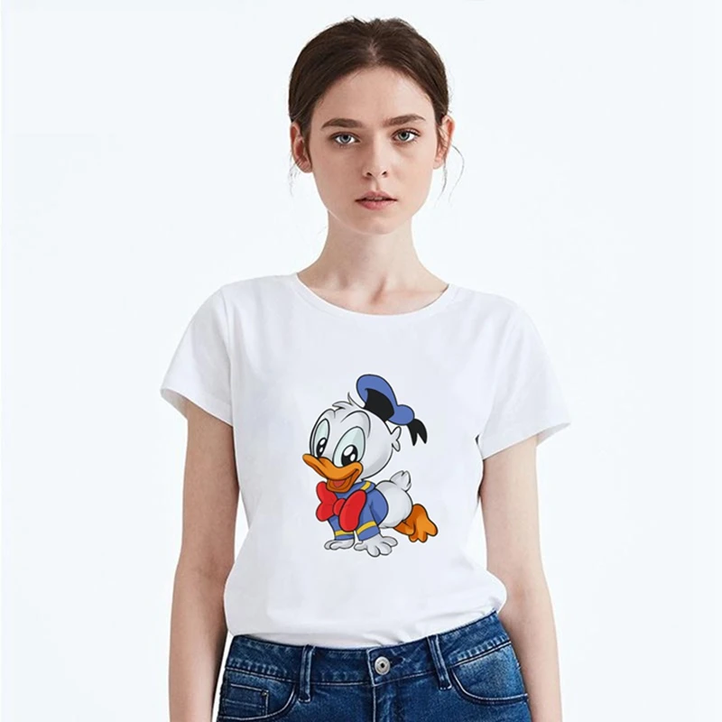 

Cartoon Cute Mickey Mouse Donald Duckpattern Summer Modal Women's T-shirt White Short-sleeved Shirt Casual Harajuku T-shirt