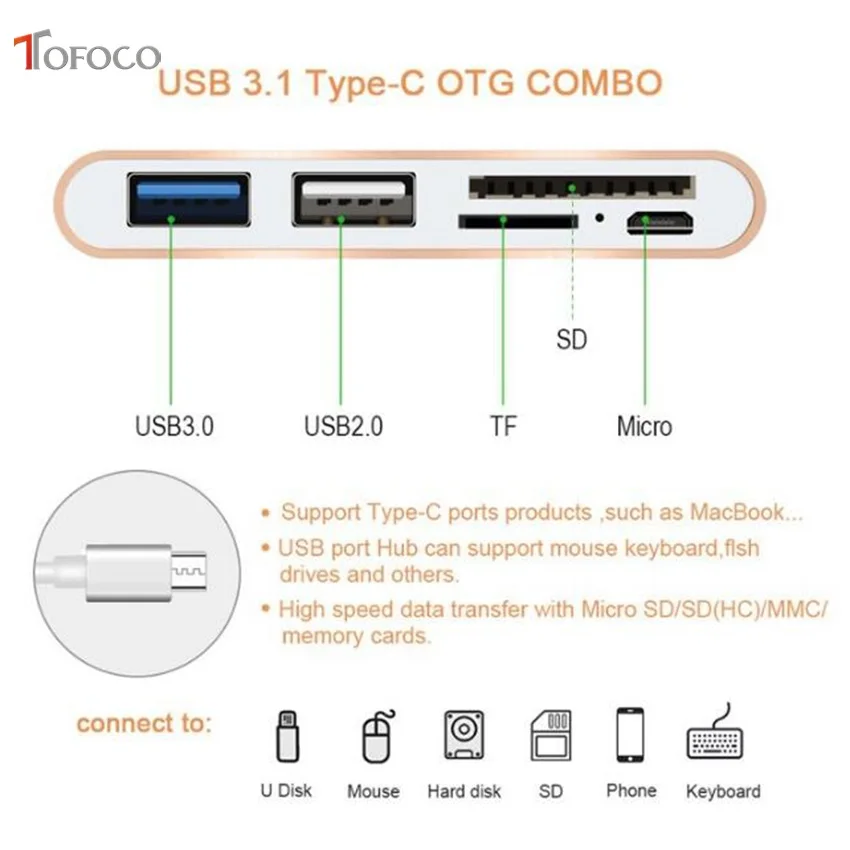 TOFOCO USB 3,1 Тип C к USB 3,0 концентратор SD TF устройство для чтения карт памяти OTG адаптер usb Тип C к USB 3,0 концентратор для Xiaomi планшеты