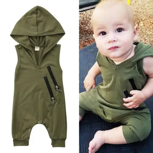 

New Summer Toddler Army Green Rompers Sleeveless Zipper Baby Boys Girls Casual Hooded Romper Toddler Outfit Chidlren Clothes