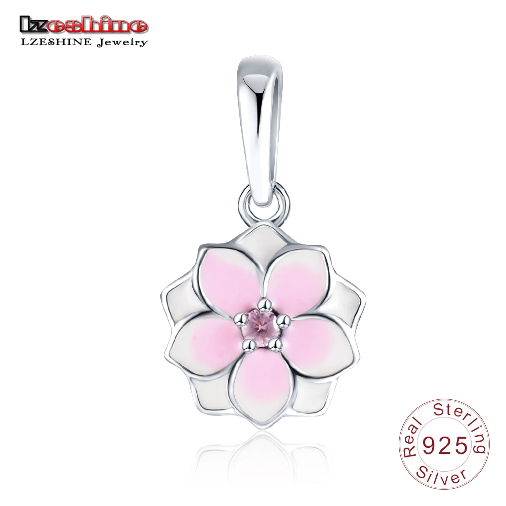 LZESHINE 925 Sterling Silver Flower Charms Pink Enamel CZ Beads Charm