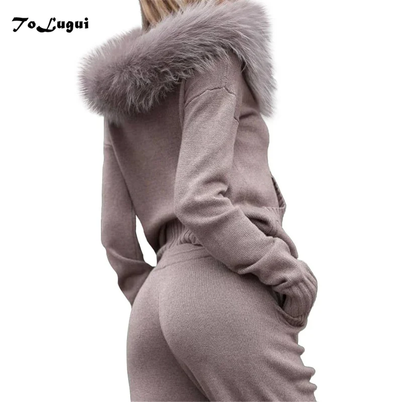 Meilleur Fausse fourrure col à capuche tricot costume 2019 nouvelles femmes automne hiver manches longues tricoté survêtement pantalon décontracté ensemble 2 pièces ensemble