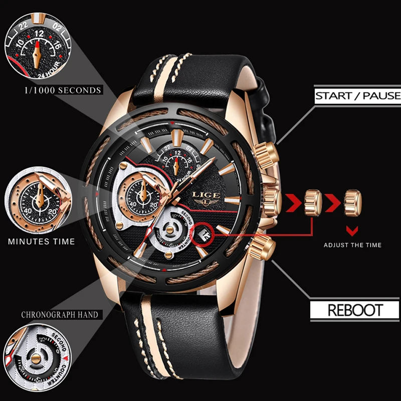 Relogio Masculino LIGE Mens Watches Top brand luxury Fashion Military Quartz Watch Mens Leather Business Waterproof Sport Watch