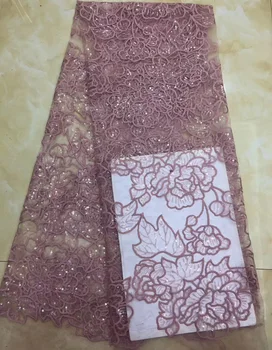 

Free shipping (5yards/pc) delicate French net lace fabric dusky pink African tulle lace with sequins embroidery for dress FZZ109