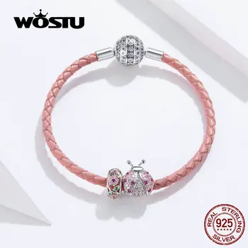 

WOSTU Ladybug Flower Charms Bangles & Bracelet 925 Sterling Silver For Women Pink Rore Bracelets Beads Jewelry Making FIB823