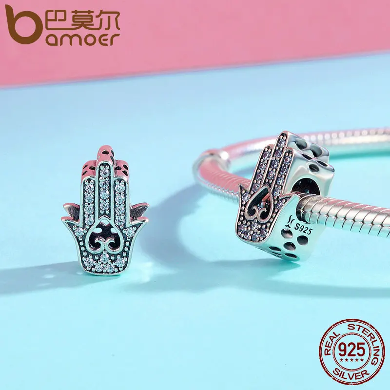 BAMOER Authentic 925 Sterling Silver Good Luck Hand Of Fatima Charms fit Women Bracelets & Necklaces DIY Silver jewelry SCC225