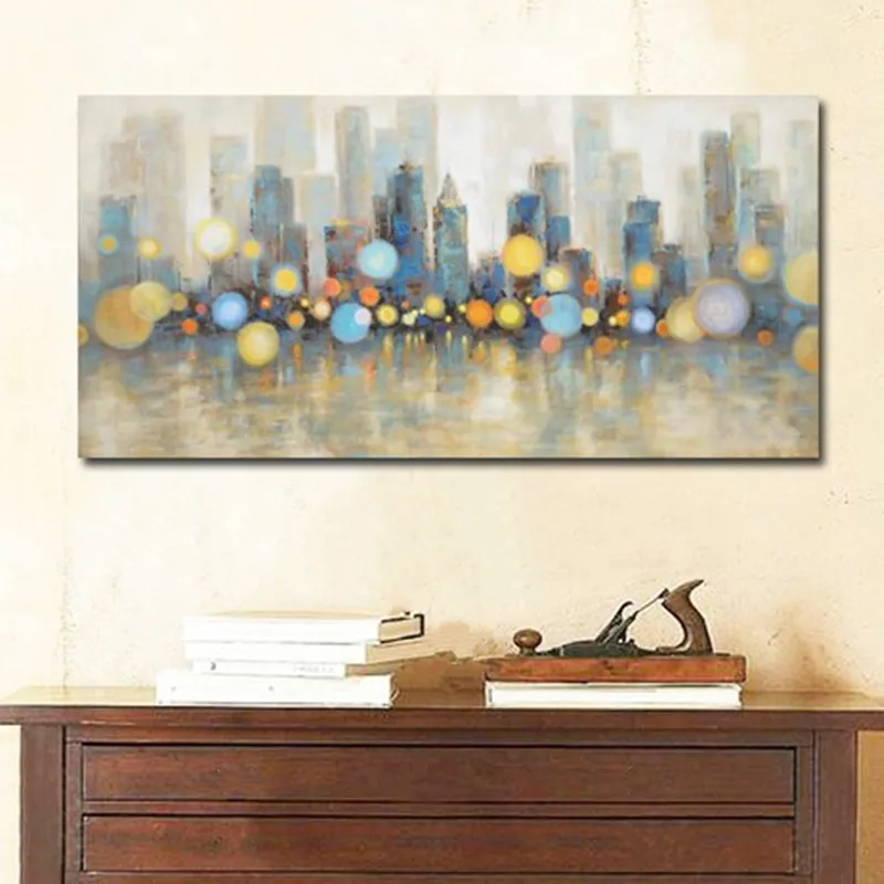 

Large Beautiful Fuggy City Scenery Painting Hand Painted Abstract Landscape Oil Paintings on Canvas Home Decor Wall Art Pictures