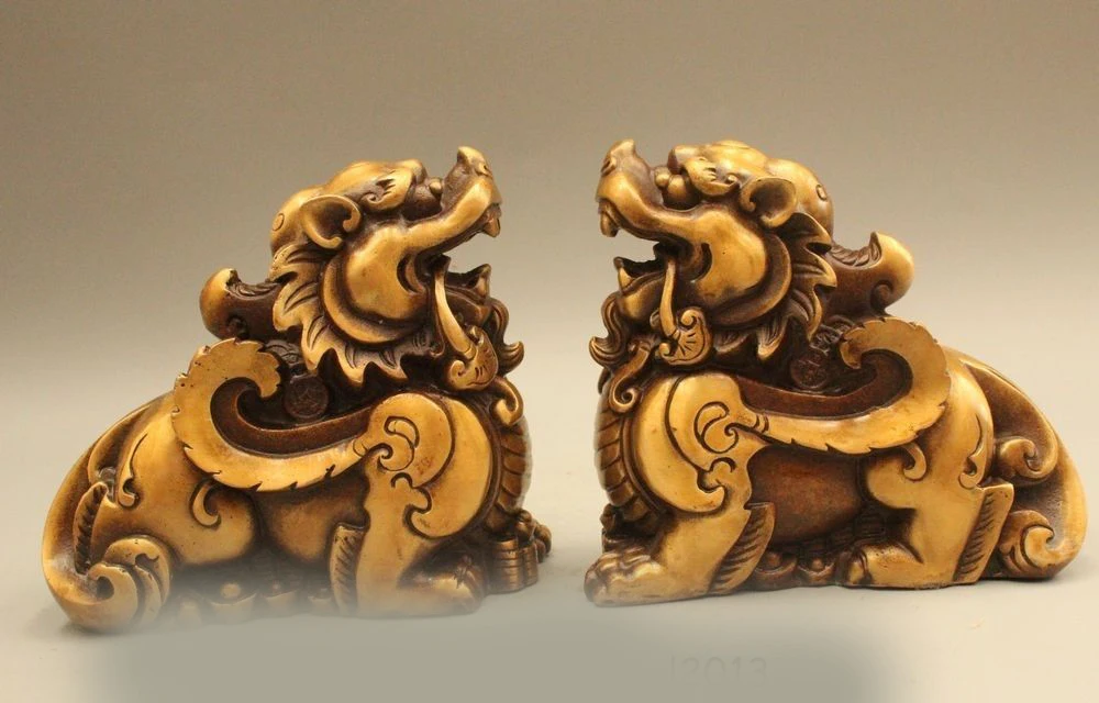 

DS 6" Chinese Copper Kylin Beast Unicorn Pixiu Wealth Money Ru Yi Rich Statue Pair