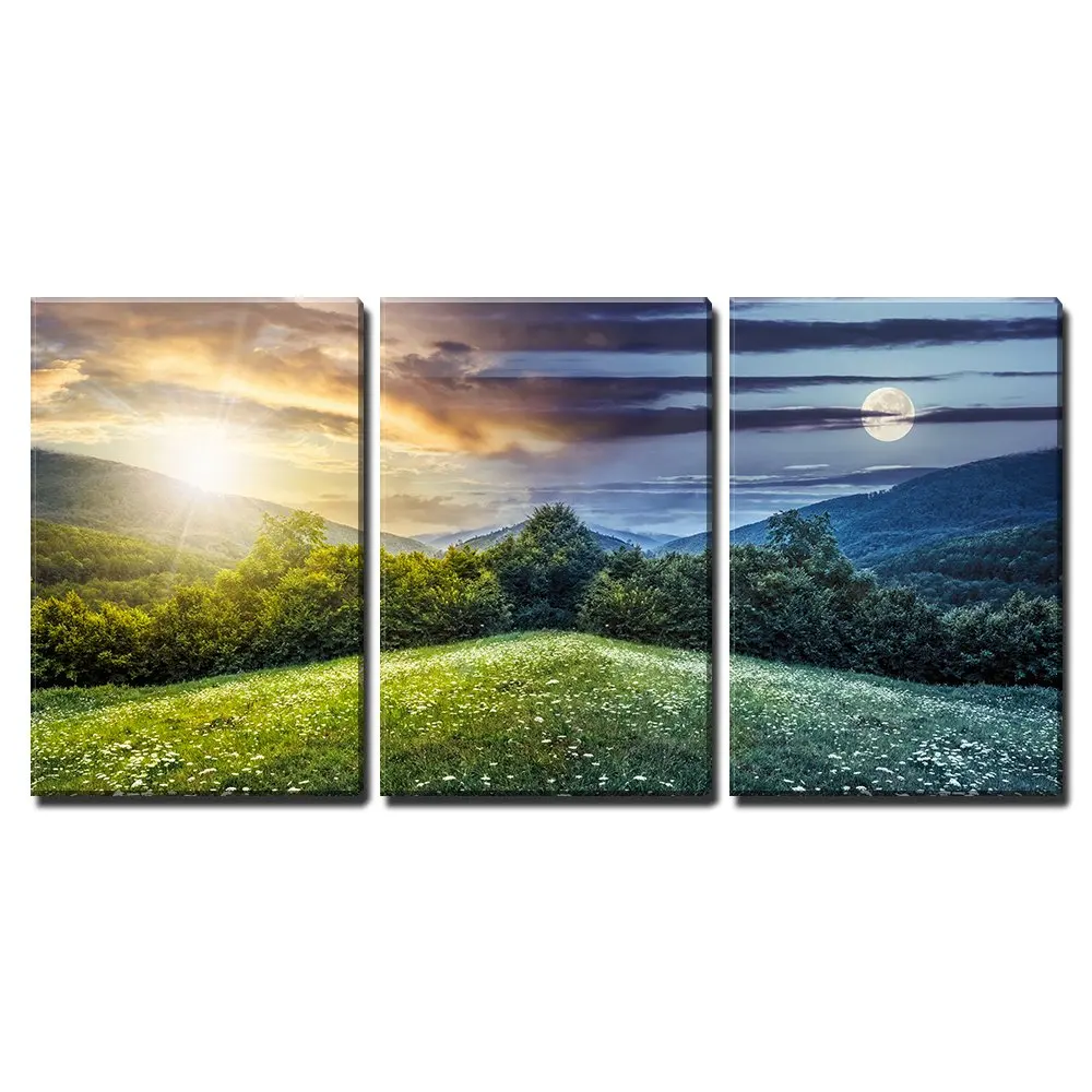 

3 Piece Canvas Wall Art - Trees on Hillside of Mountain Range with Coniferous Forest and Flowers-Modern Home Decor Drop shipping