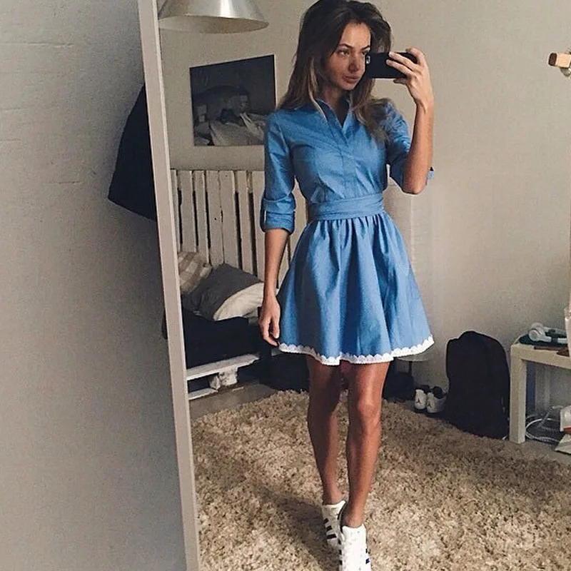 

Fashion Sweet A-line Dress for Women Denim Three Quarter Sleeve Women Dresses Mini Party Work Summer Clothes for Women