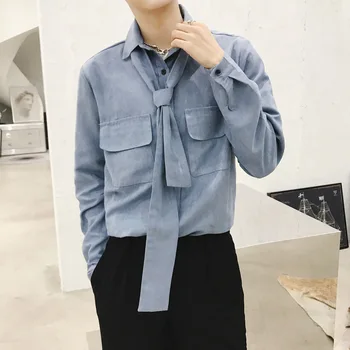 

2018 Spring Newest Men's Fashion Tide Retro Style Leather Cloth With Soft Nap Clothes Blue Color Casual Long Sleeve Shirt M-XL