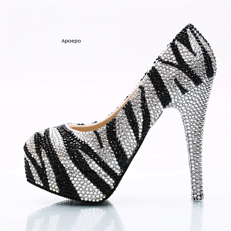 

New Hot Selling Zebra Pattern Crystal Embellished High Heel Shoes Handmade Platform Wedding Heels Round Toe Party Shoes