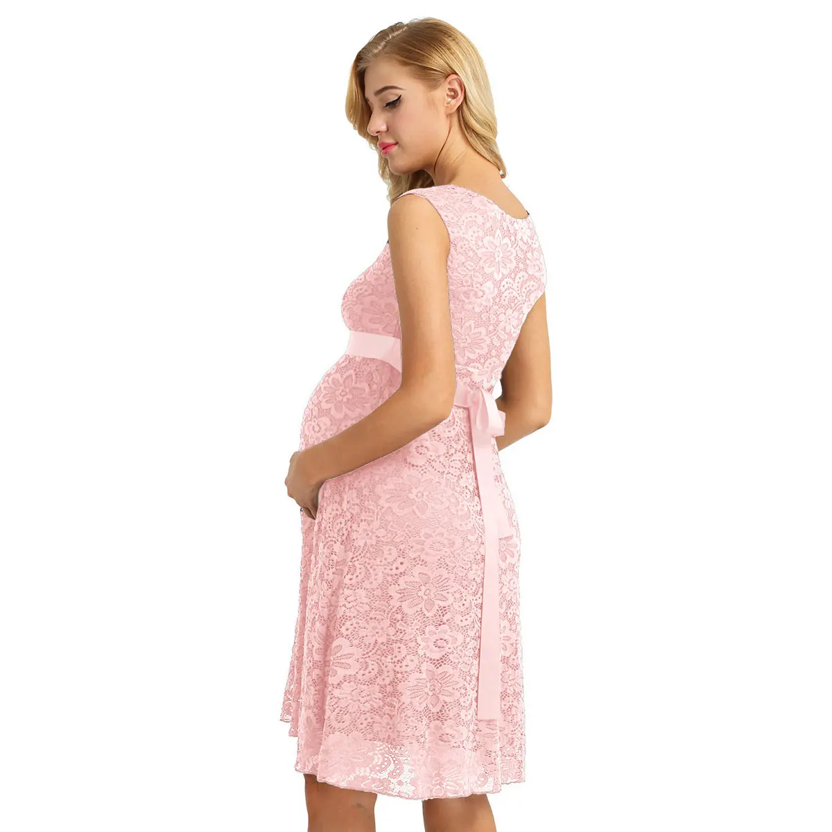 Для женщин беременности и родам элегантное, цветочное, кружевное Повседневные платья наложения без рукавов Baby Shower вечерние коктейльное платье с поясом из ленты, для повседневной носки
