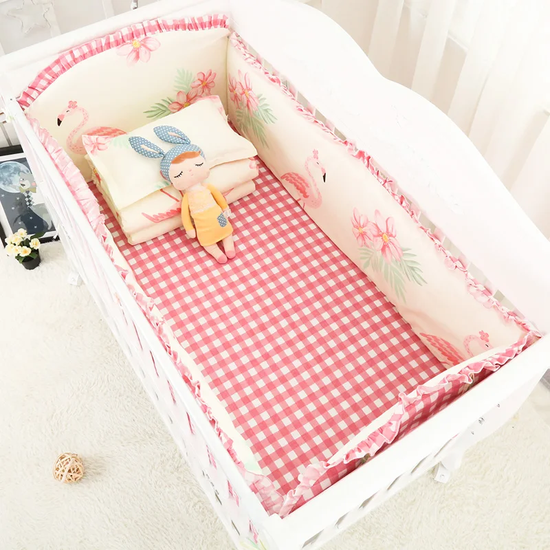 6pcs Cartoon Pink Flamingos Baby girl bedding Safe package bed 100% cotton beautiful crib bedding sets bed bumpers and Sheets