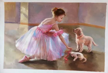 

100% handpainted painting impression dance girl cute dog portrait oil painting handmade oil painting wall art decor drawing
