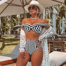 Striped Swimsuit Women High Waist Bikini Set Off Shoulder Swimwear 2019 Lace Up Bathing Suit Sexy two-piece suit Push up Bathers Striped Swimsuit Women High Waist Bikini Set Off Shoulder Swimwear 2019 Lace Up Bathing Suit Sexy two-piece suit Push up Bathers