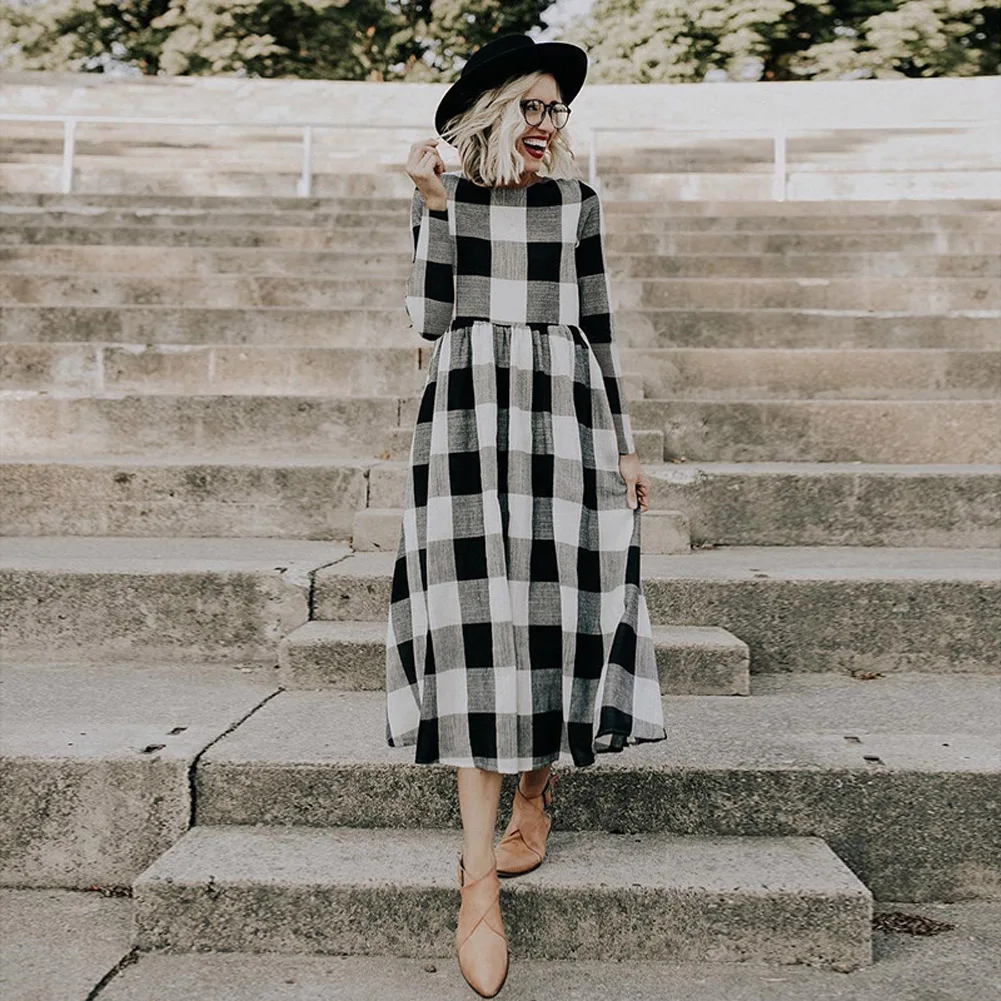 

Women Autumn Casual Long Sleeve Plaid Slim Dress Party Club Maxi Dress