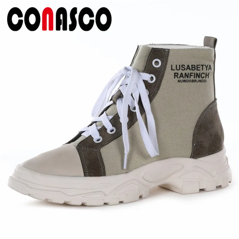 

CONASCO New Women Canvas Motorcycle Boots Wedges Heels Lace Up Martin Shoes Woman Ladies Short Basic Boots Shoes
