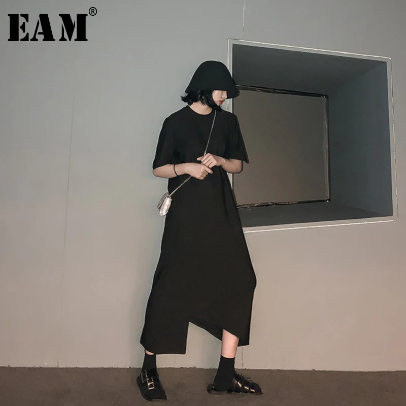 

[EAM] 2019 New Spring Summer Round Neck Short Sleeve Black Irregular Hem Split Joint Loose Temperament Dress Women Fashion JW482