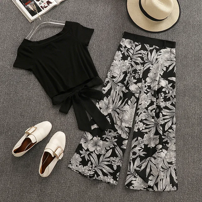 

Amolapha Women Soild Criss-Cross Backless TShirts+Print Flower High Waist Wide Legs Wide Leg Pant Sets Summer Trousers Suit