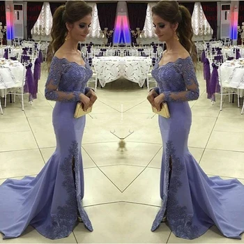 

Long Sleeves Prom Dresses 2018 Gorgeous V-neck Appliques Beading Floor Length Satin Mermaid Party Gowns African Prom Dress