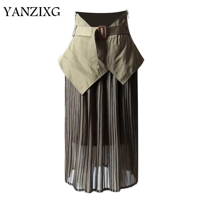 Женская юбка, длинные черные шифоновые юбки с поясом, асимметричная юбка с высокой талией, плиссированные юбки, подходят к любой одежде, мода, W153