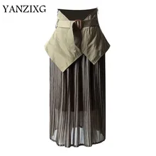 Женская юбка, длинные черные шифоновые юбки с поясом, асимметричная юбка с высокой талией, плиссированные юбки, подходят к любой одежде, мода, W153