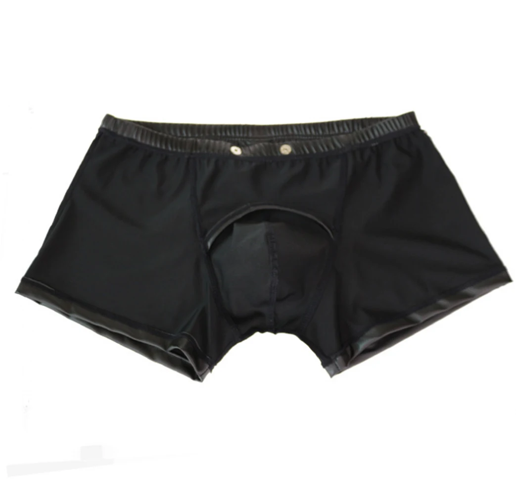 Fashion Sexy Men Lingerie Faux Leather Shorts Underpants Underwear Press Button with Bulge Pouch Nightwear Panties