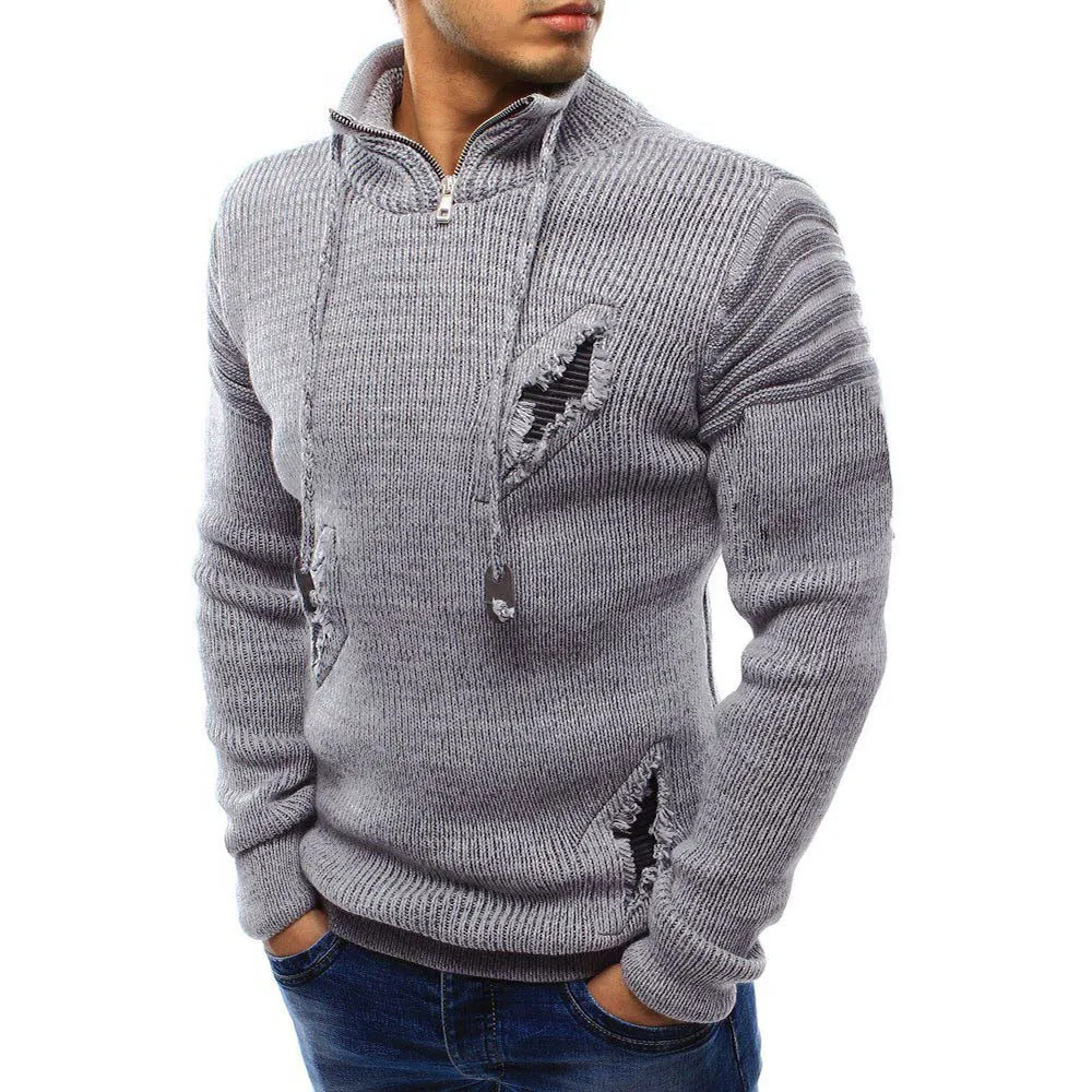 Мужская с длинным рукавом зима сплайсинга случайный эластичный Топ блузка вязаный свитер