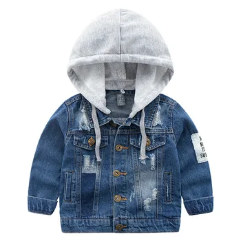 

children's clothing boys denim jacket 2-9 year children solid color wear broken European and American wind hooded denim jacket