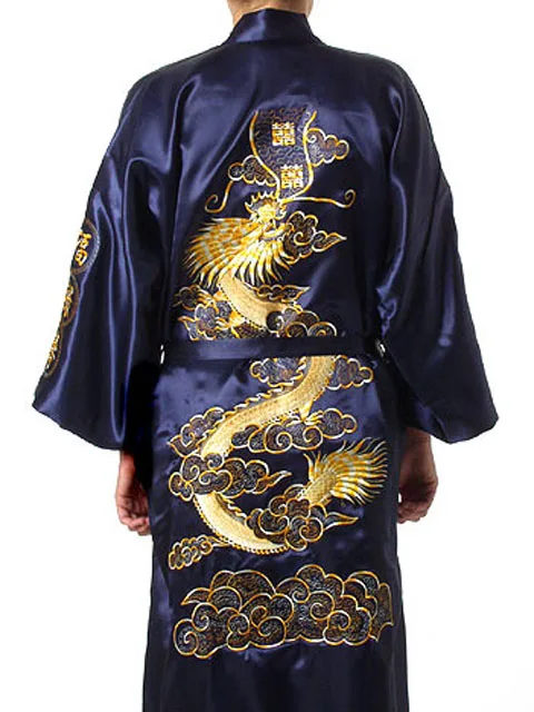 Темно-синий костюм Тан китайский Дракон Мужская wo Мужская пижама для пар Домашняя одежда Шелковый Атласный халат вышитое кимоно банное платье