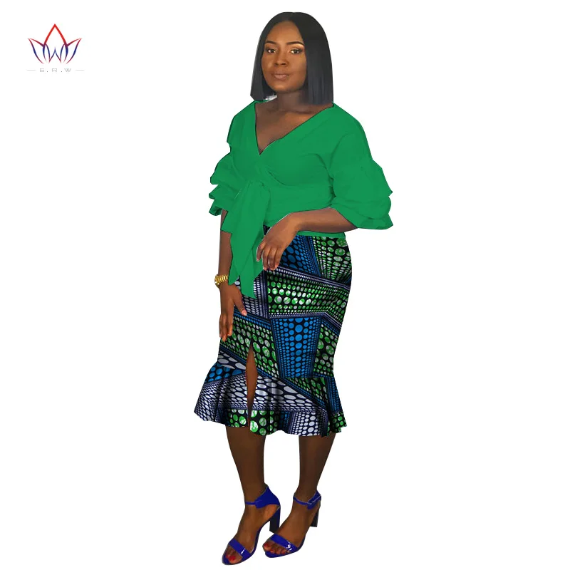 Лето печати в африканском стиле костюмы с юбкой Дашики женщин комплект из 2 предметов офисные Базен Riche миди юбка хлопок плюс размер ни BRW WY3248