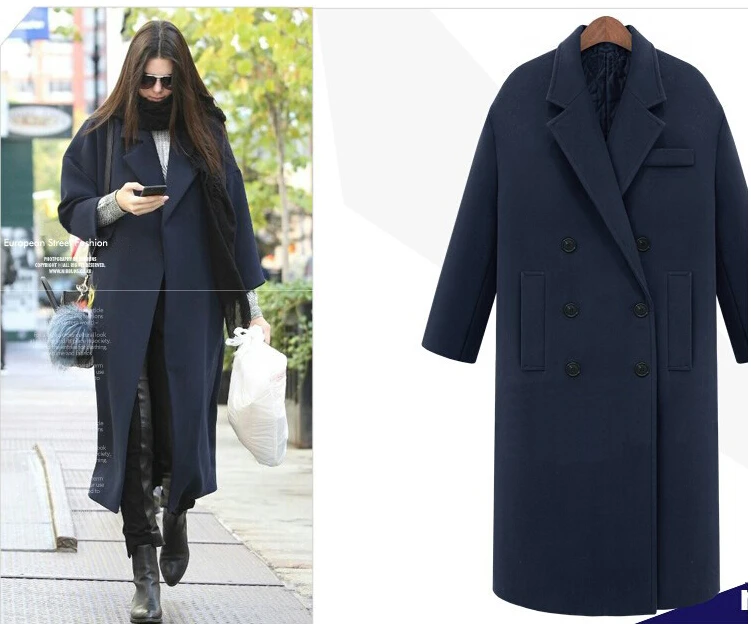 Autumn Winter Solid Woolen Coat Vintage Full trench Coats Double Breasted Casual Wool Long Coat Women Thick Casaco Feminino