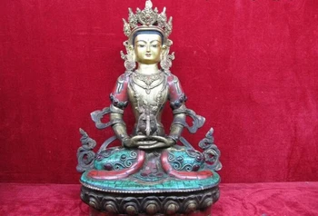 

USPS to USA S0460 Tibet Bronze Gild inlay turquoise Red coral ruby beryl Amitayus Sakyamuni Buddha