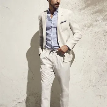 

2017 Latest Coat Pant Designs Ivory Linen Suits Men Casual Slim Fit Summer Beach Blazer Simple Custom Jacket 2 Piece Terno suits