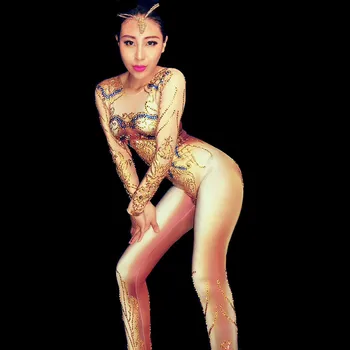 

Nightclub Gold Printed Stretch Rhinestones Jumpsuit Women's Sexy Bodysuit Costume Stage Outfit Singer Dancer Performance Rompers